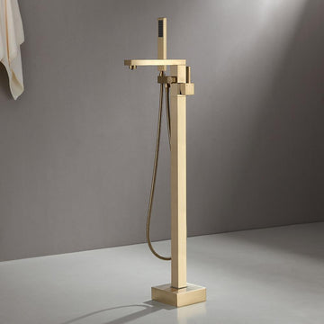 Dree Brushed Gold Freestanding Tub Filler Floor Mount Bathtub Faucet with Hand Shower